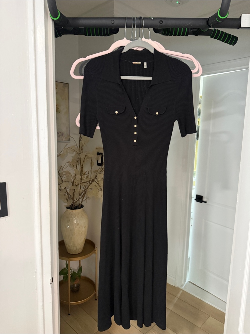 Elie Tahari Black Polo Collar Midi Dress with Gold Buttons